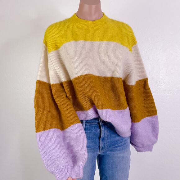 H&M Knitted Mohair Wool Blend Long Sleeve Stripe Pullover Sweater Yellow size XS - Picture 1 of 11